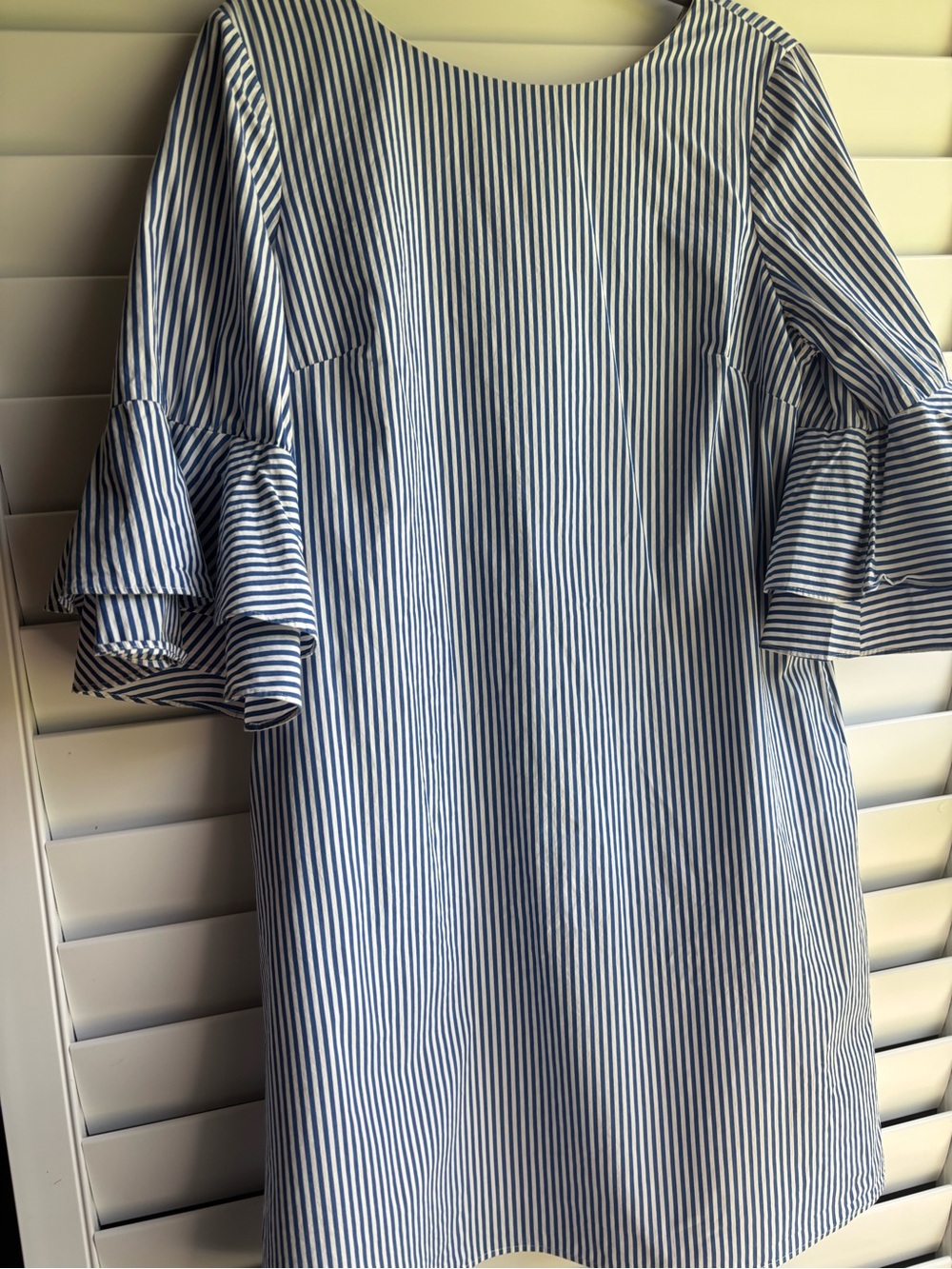 Nine West Blue and White Striped Ruffle Sleeve Dress